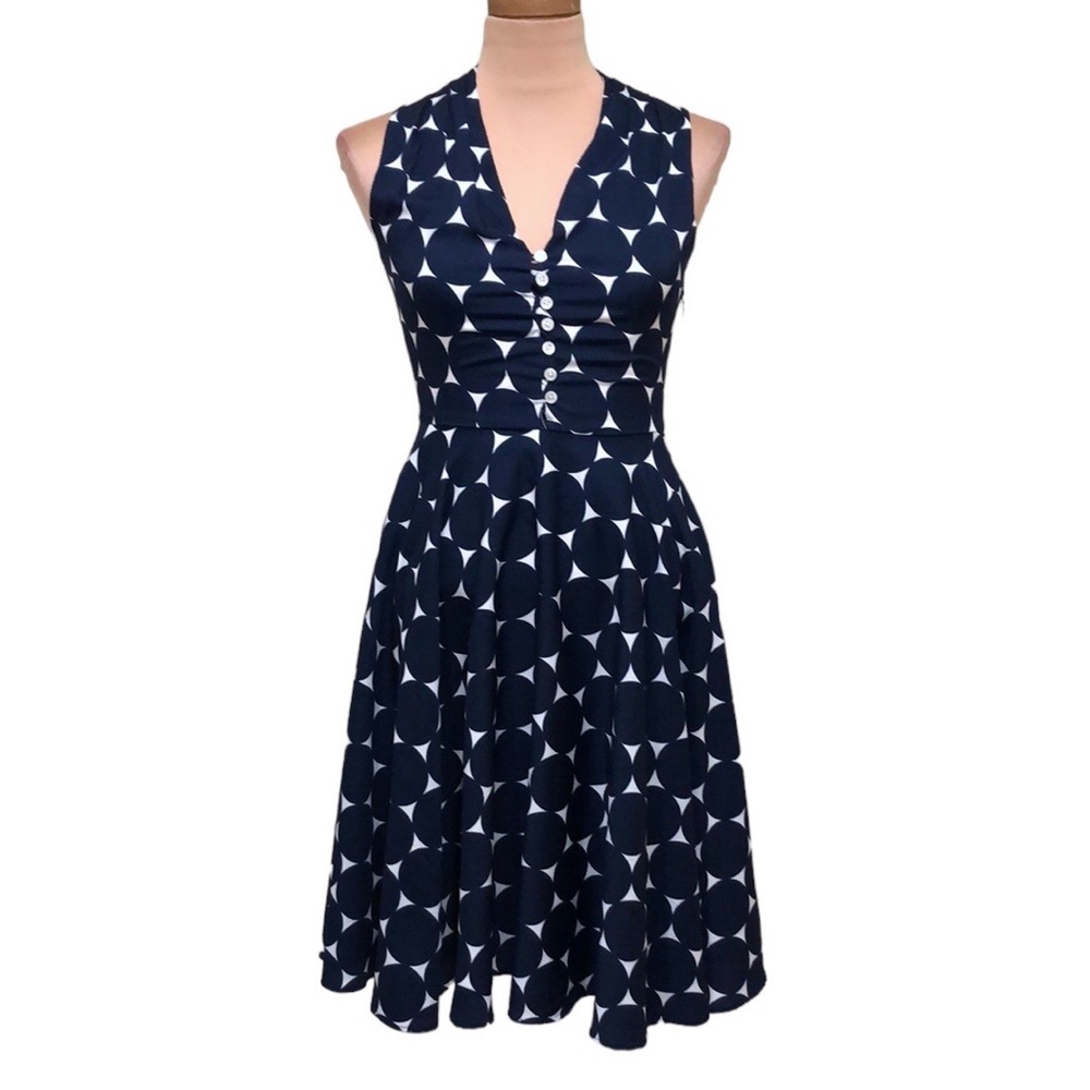 Frock Shop Midi Dress Size Small Navy Blue Polka Dot Fit and Flare